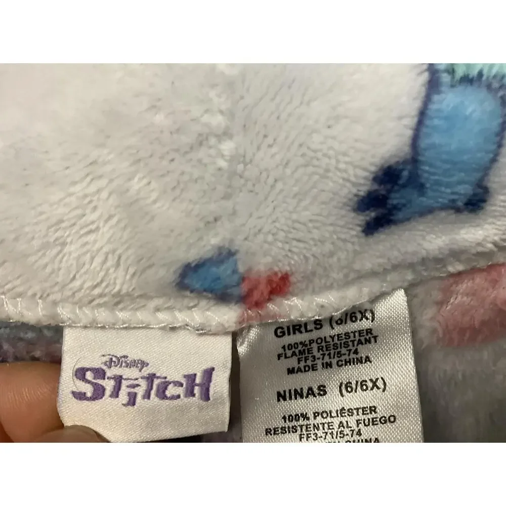 Disney Stitch‎ Robe Girls 6/6X White Blue Plush Fleece Bathrobe Hearts Belted